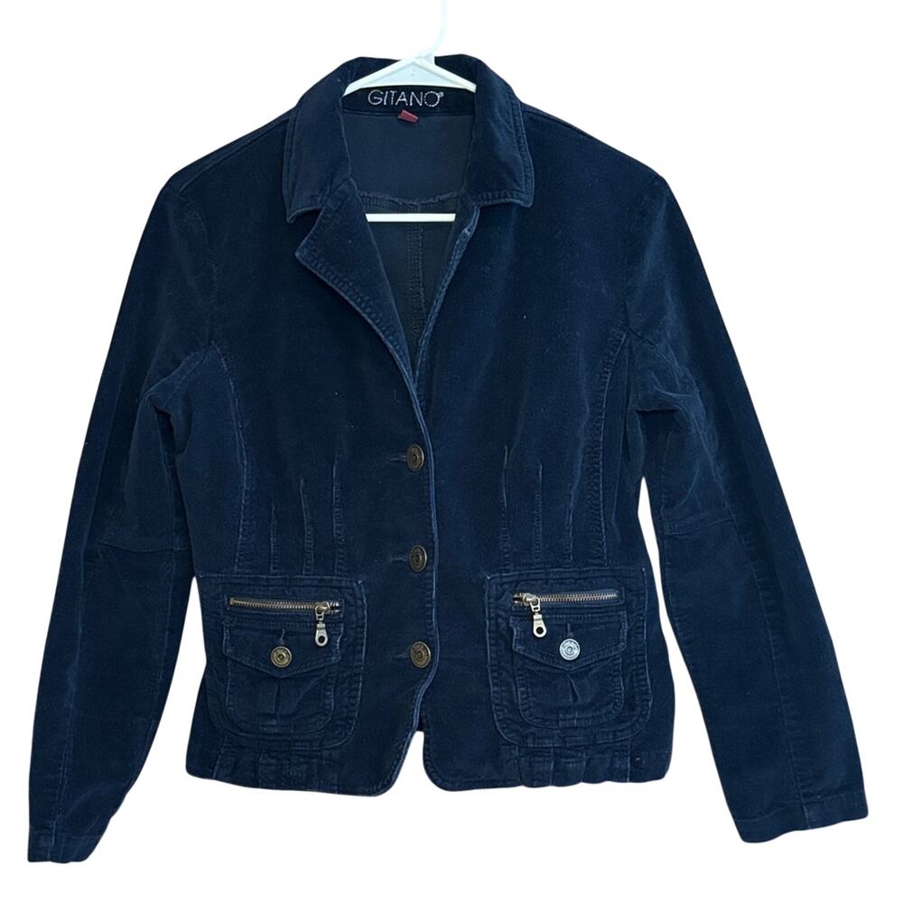 Vintage Gitano Women's Dark Navy Blue Corduroy Button Up Collared Jacket Size M